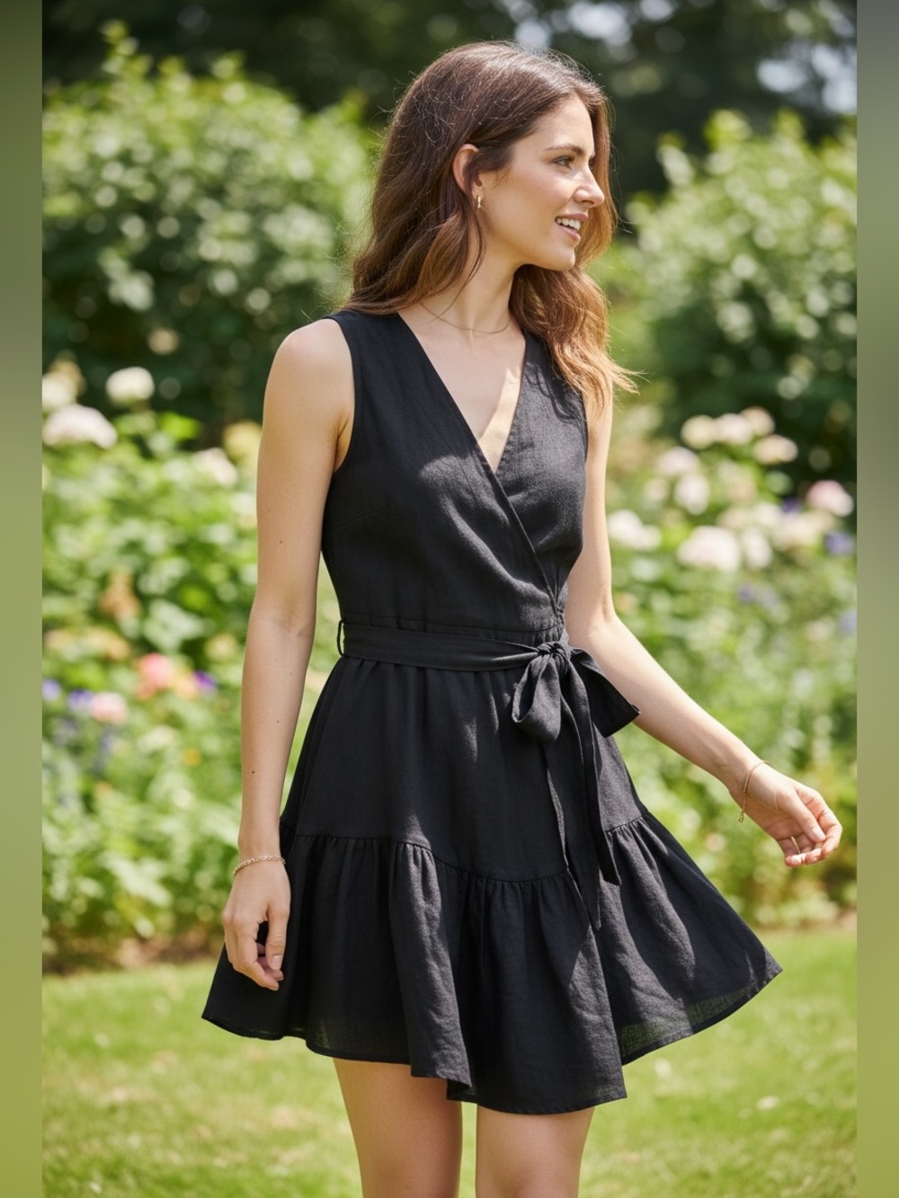 Christian Lacroix Black Sleeveless Linen Blend Wrap Mini Dress NWT